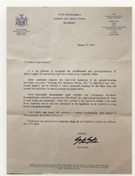 Letter of Recognition from Assemblyman Steve Stern, New York State Assembly