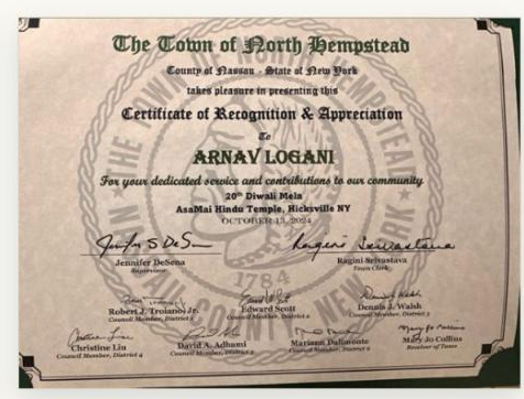 Certificate of Recognition & Appreciation from Town of North Hempstead