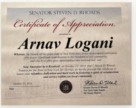 Certificate of Appreciation from New York State Senator Steven D. Rhoads